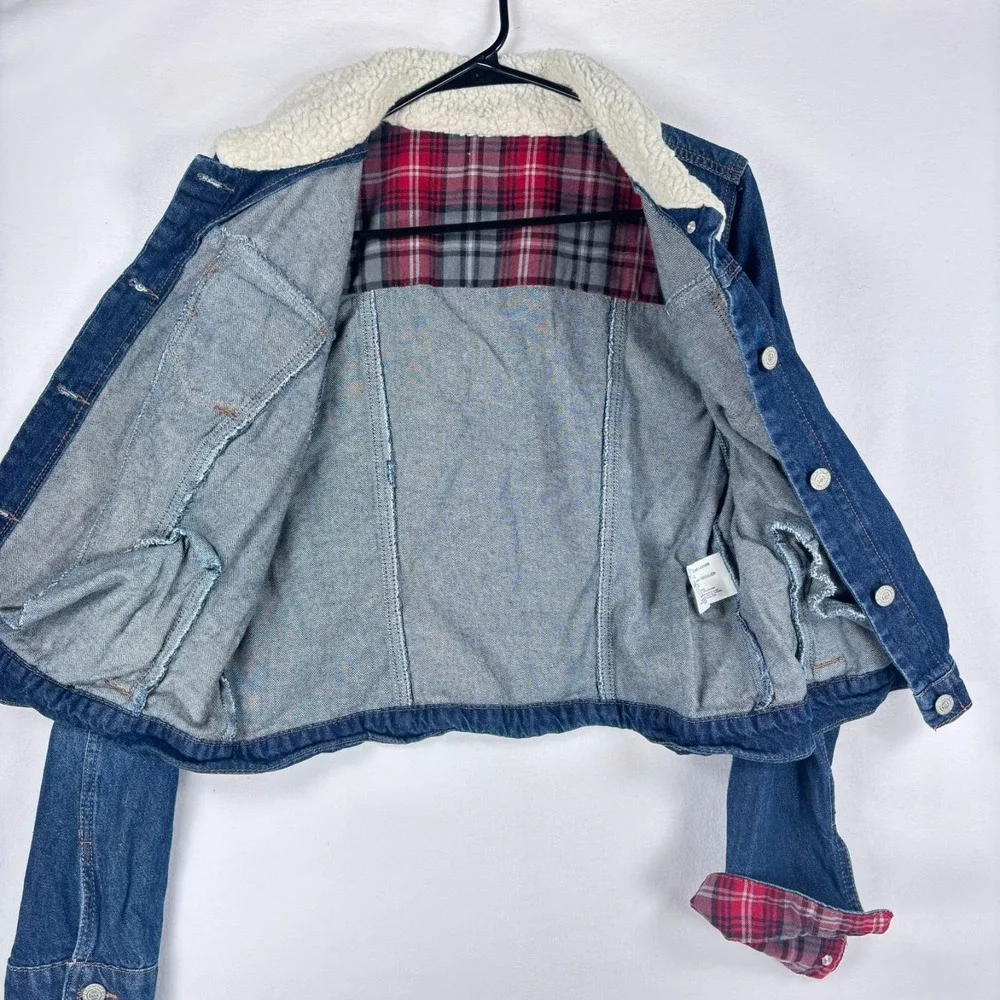 Y2K LEI Sherpa Denim Jacket Western Cut‎ Juniors Sz XL Flannel Plaid Barn Coat - Picture 4 of 5